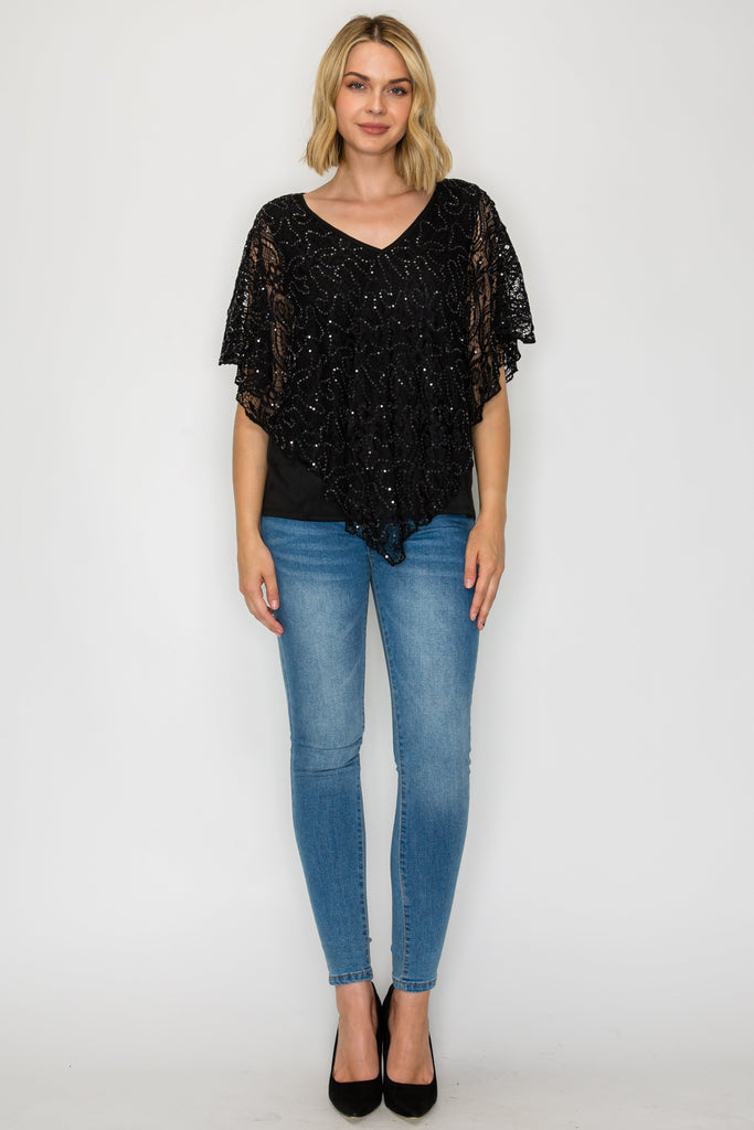 V-Neck Embroidery Lace Poncho Top With Sequins