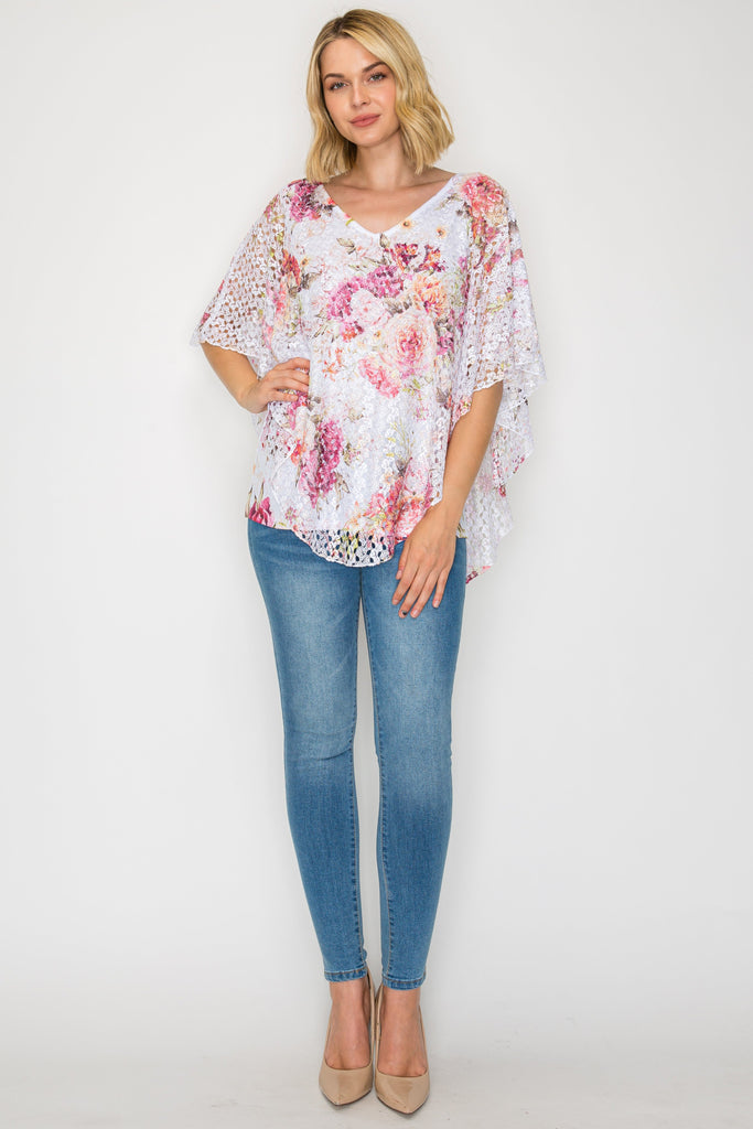 V-Neck Floral Print Lace Poncho Top