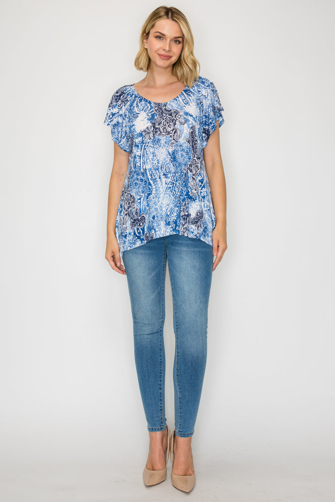 Flutter Sleeve Round Neck Print Tunic W/ Sequins