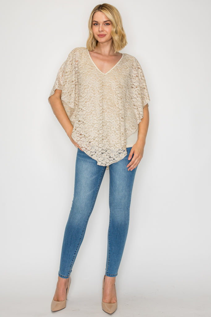 V-Neck Floral Lace Poncho Top with Glitter