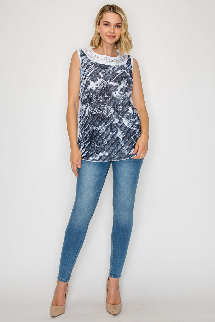 Sleeveless Ruffle Print Top With Embellishments