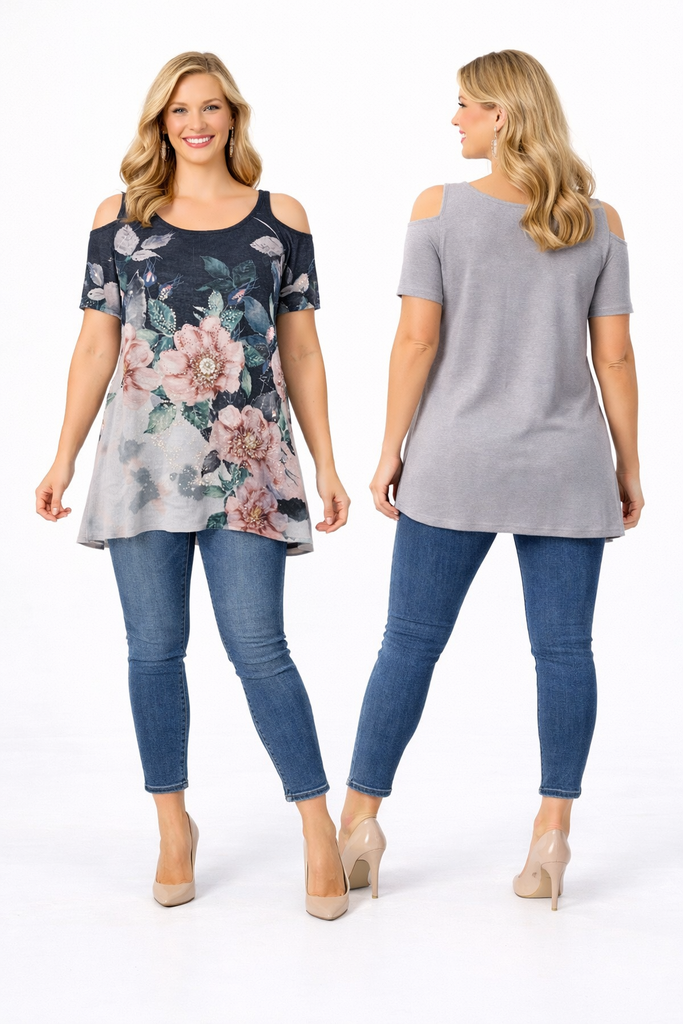 3/4 SLV COLD SHOULDER HATCH W/ STONE