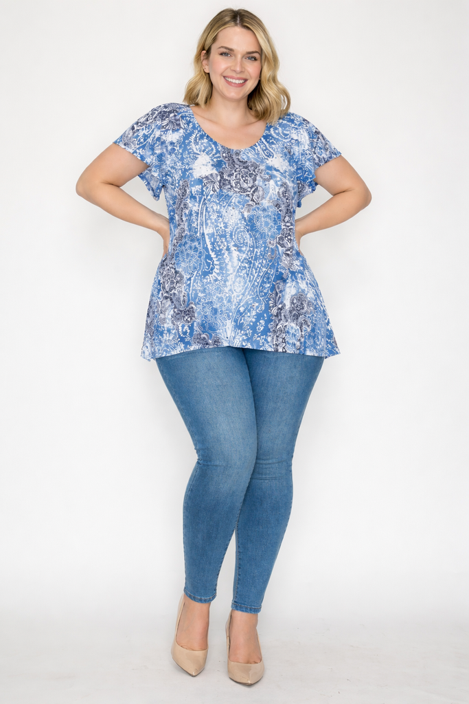 Flutter Sleeve Round Neck Print Tunic W/ Sequins (PLUS)