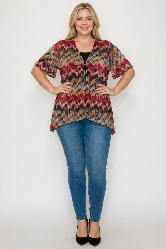 Flutter Sleeve O-Ring Abstract Faux Twinset Blouse (PLUS)