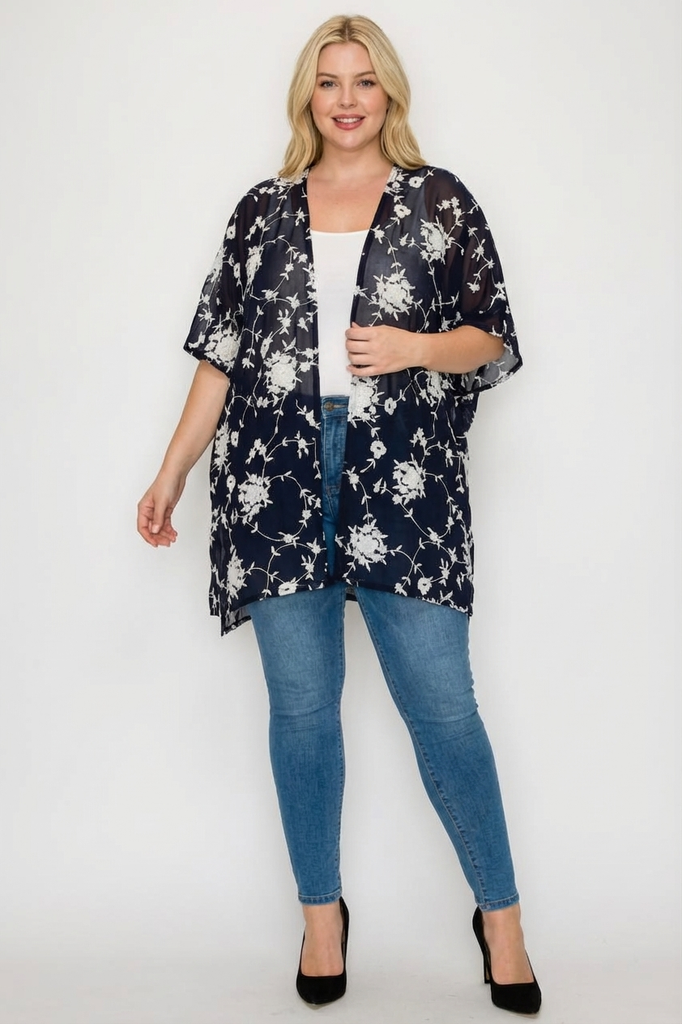 Floral Puff Print Kimono Cardigan (PLUS)