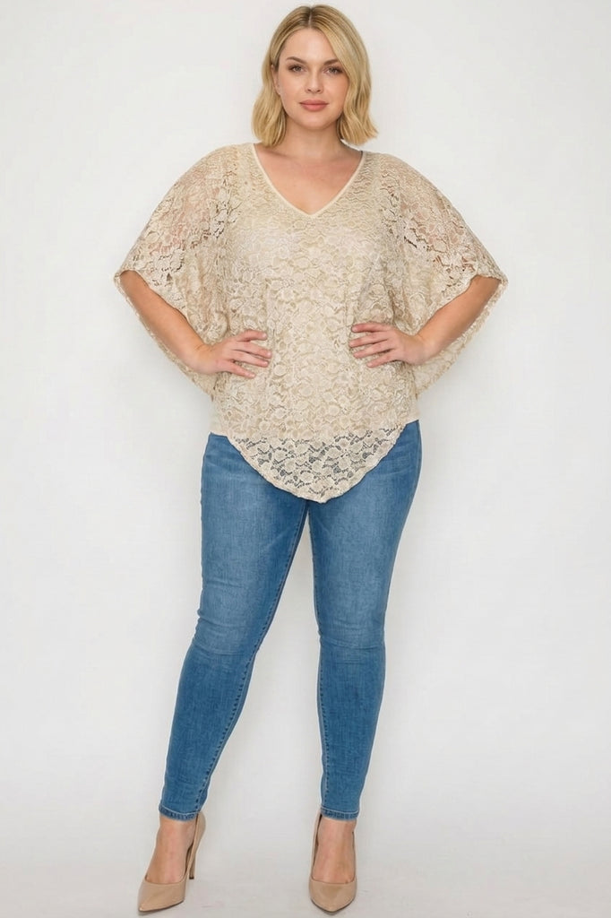 V-Neck Floral Lace Poncho Top with Glitter (PLUS)