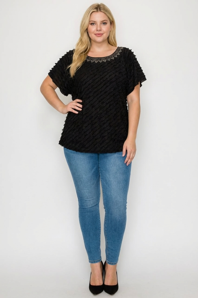 Short Sleeve Ruffle Textured Blouse with Embellishments (PLUS)
