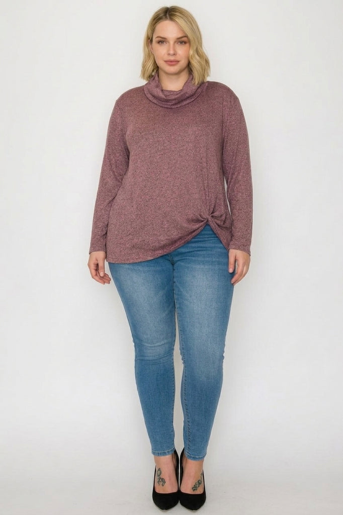Long Sleeve Cowlneck Side Twist-knot 2Tone Hachi Top (PLUS)