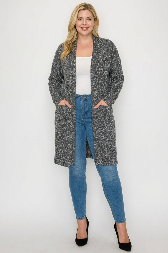 Long Sleeve Open Front Hachi Cardigan With Pockets (PLUS)