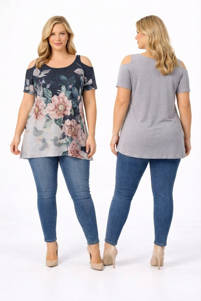 3/4 Sleeve Cold Shoulder Printed Hachi With Embellishment (PLUS)
