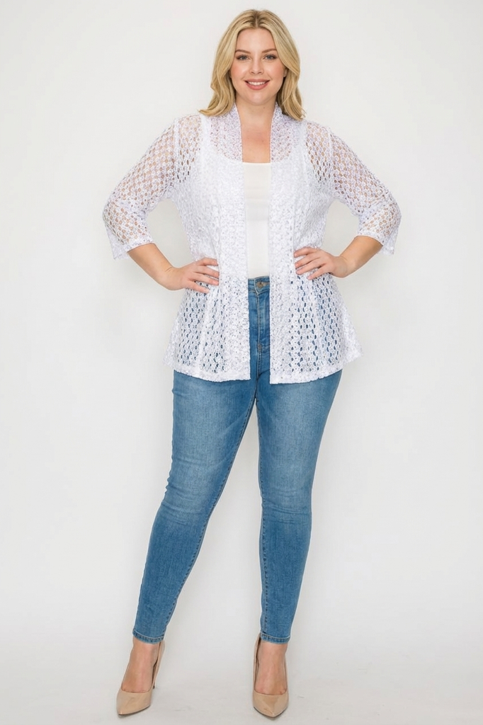 3/4 Sleeve Open Front Lace Cardigan (PLUS)