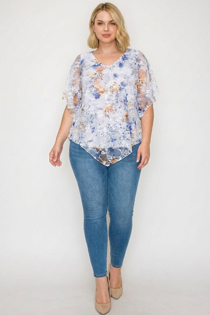 V-Neck Nylon Rose Lace Poncho Top (PLUS)